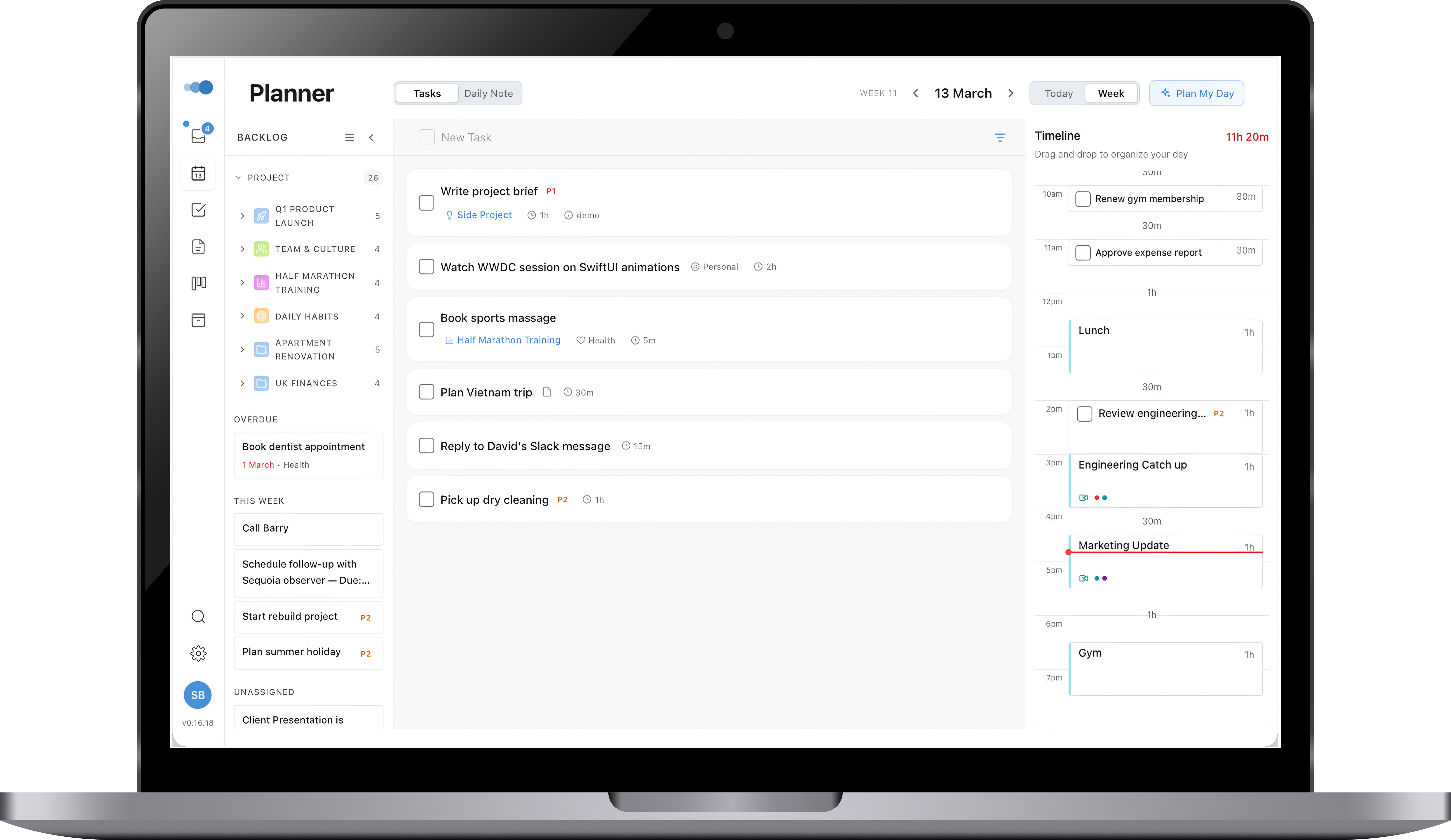 Cadeo planner showing tasks, backlog, and timeline with calendar events