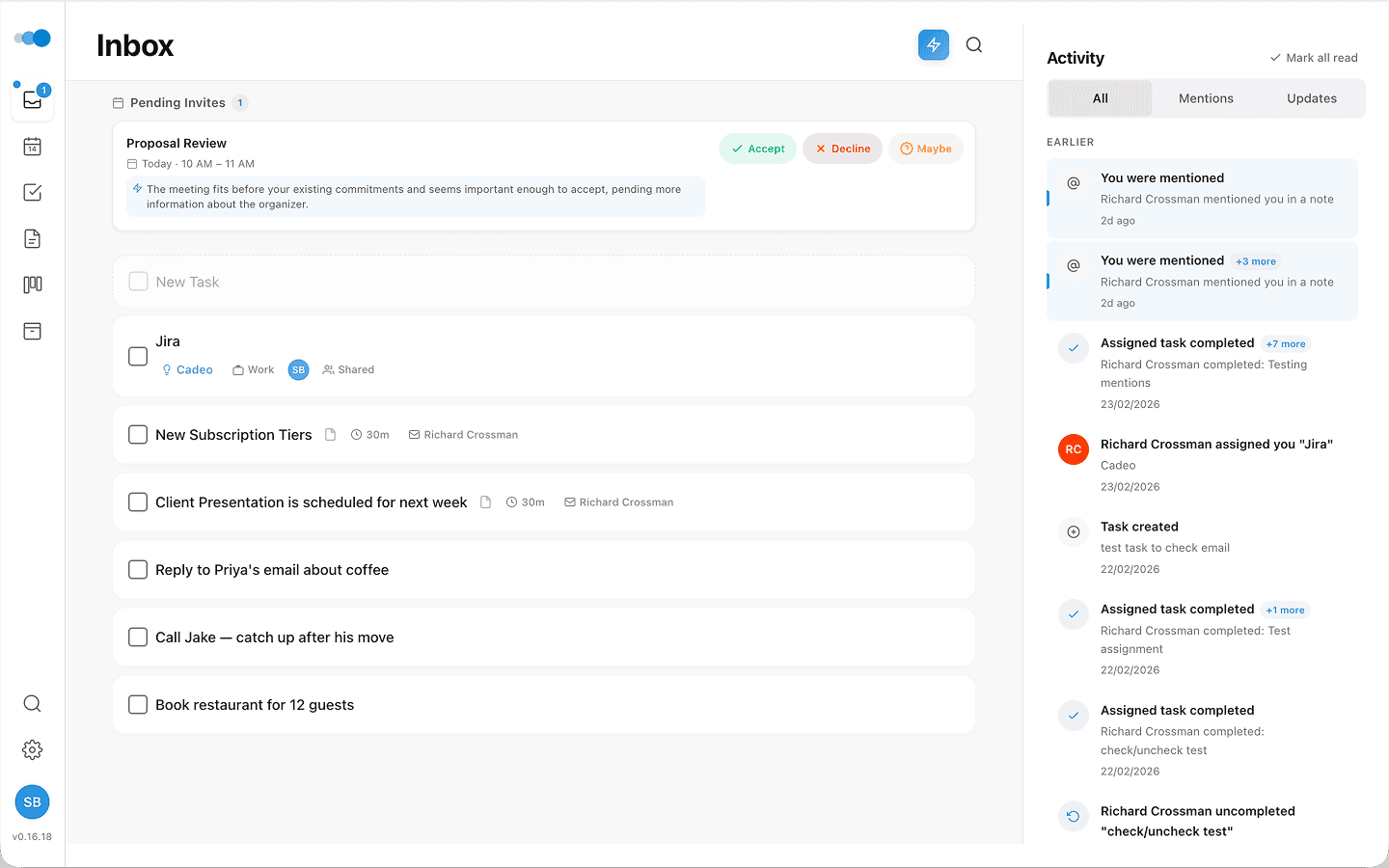 Cadeo inbox showing tasks from email, meetings, and ideas in one place
