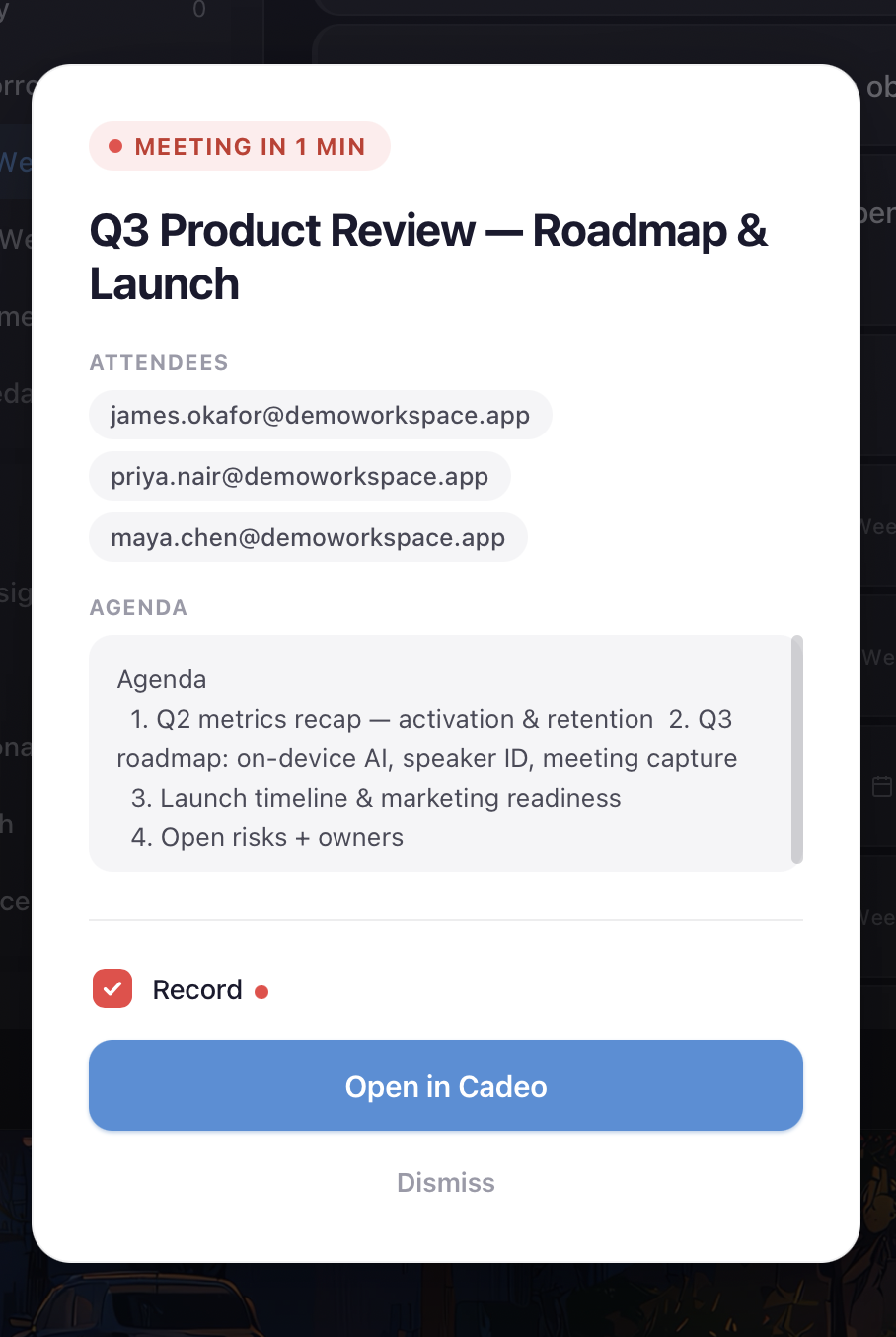 Cadeo meeting alert — agenda, attendees and one-click record before a meeting starts