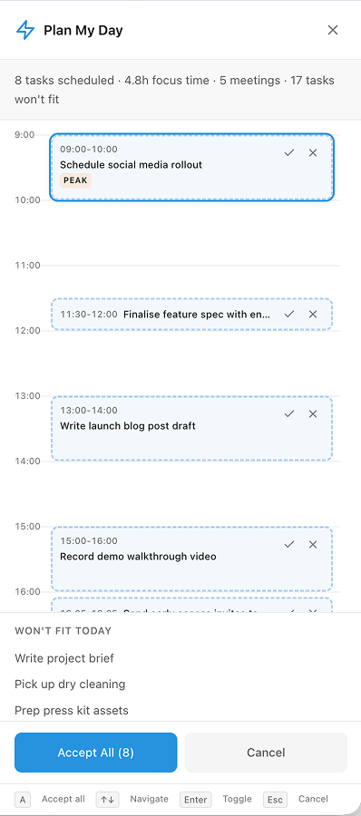 AI Plan My Day feature showing an automatically scheduled daily plan