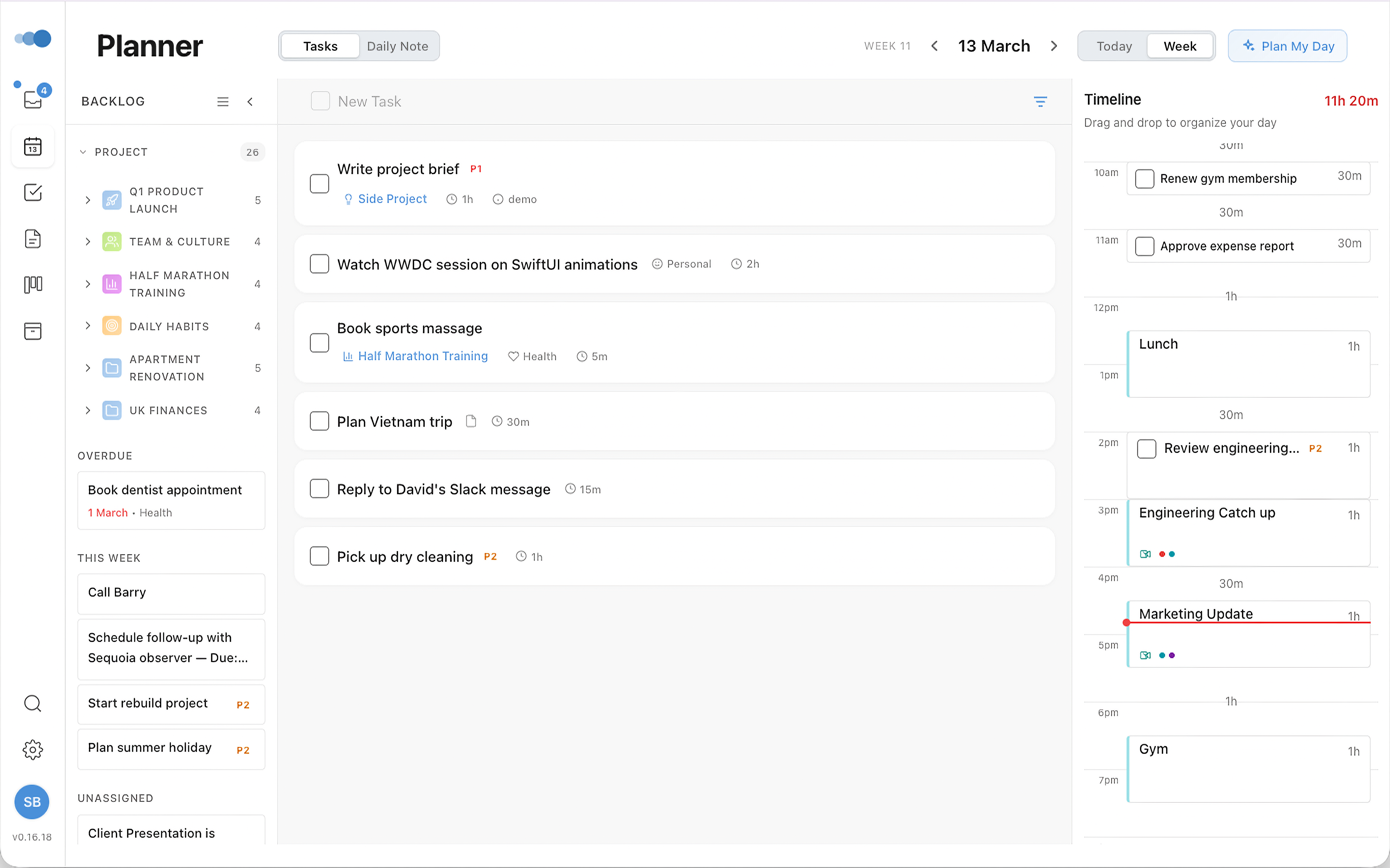 Cadeo planner with tasks and calendar timeline side by side