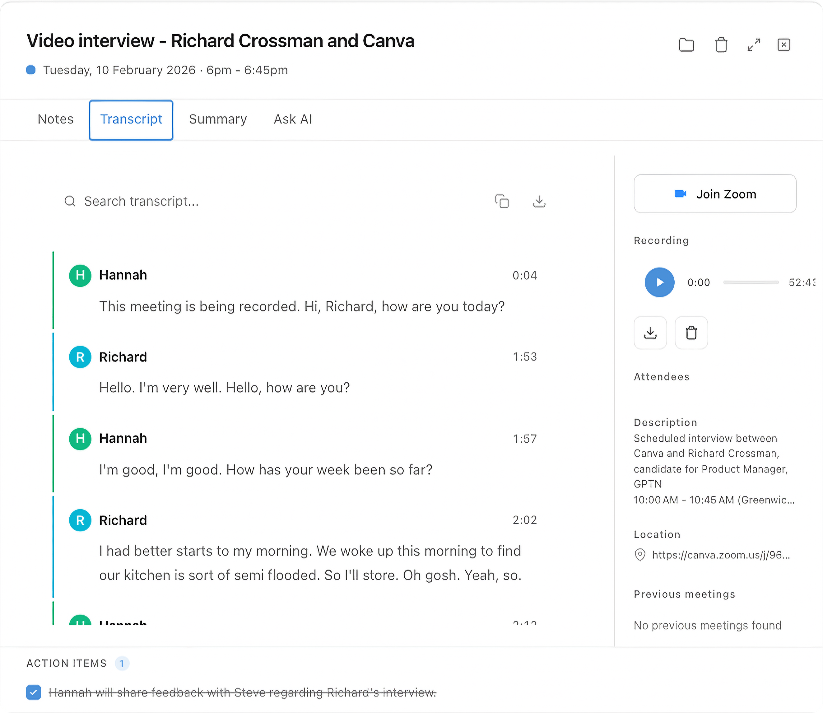 Cadeo recording feature showing transcript and AI summary