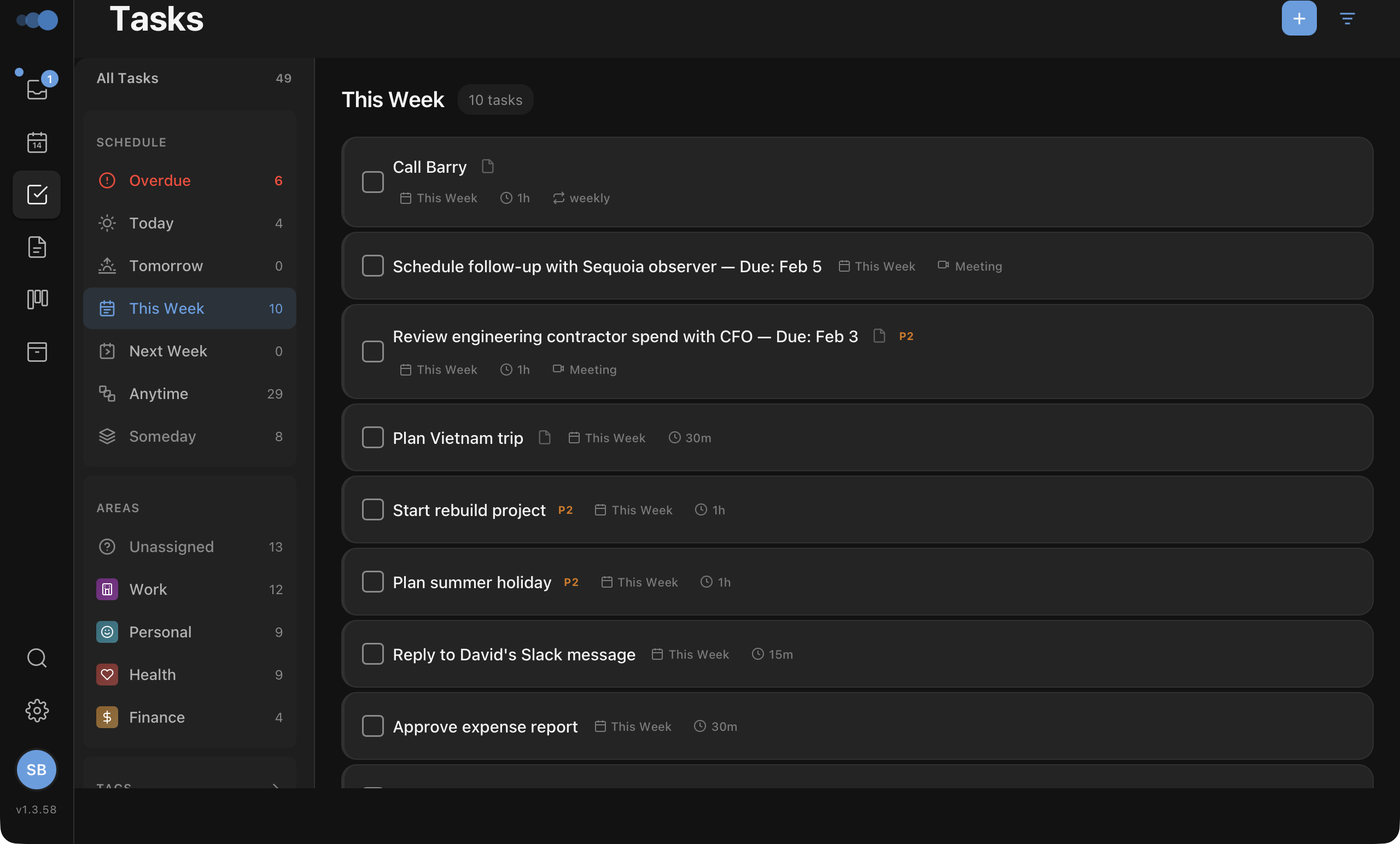 Cadeo Tasks view — this week's tasks organised by area and schedule