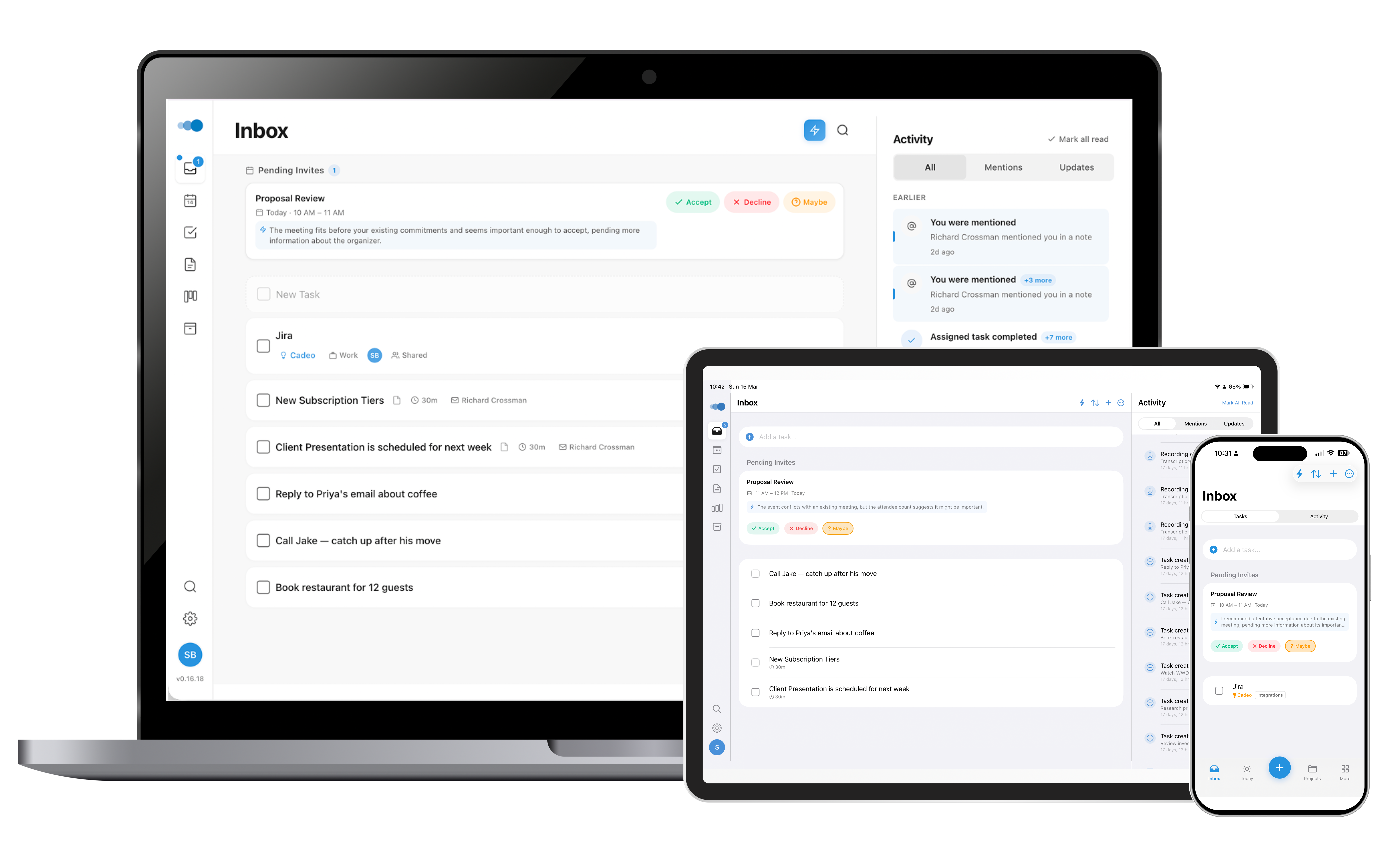 Cadeo running on macOS desktop, iPhone, and iPad